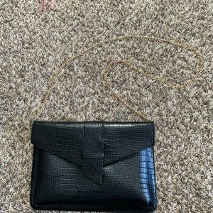 Black faux croc envelope clutch with gold chain